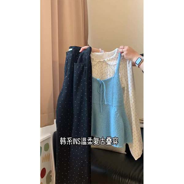 2025韩系甜美少女感裙摆式系带蝴蝶结叠穿针织吊带背心裤子套装女