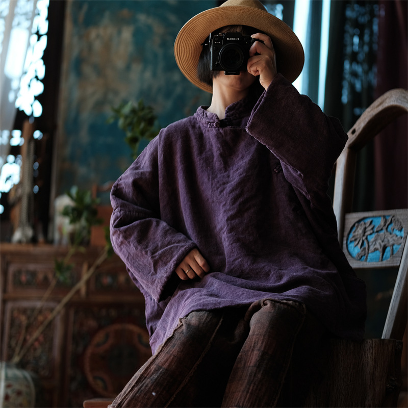 源头工厂直供原创文艺复古轻民族风宽松棉衣女装爆款2129暗紫