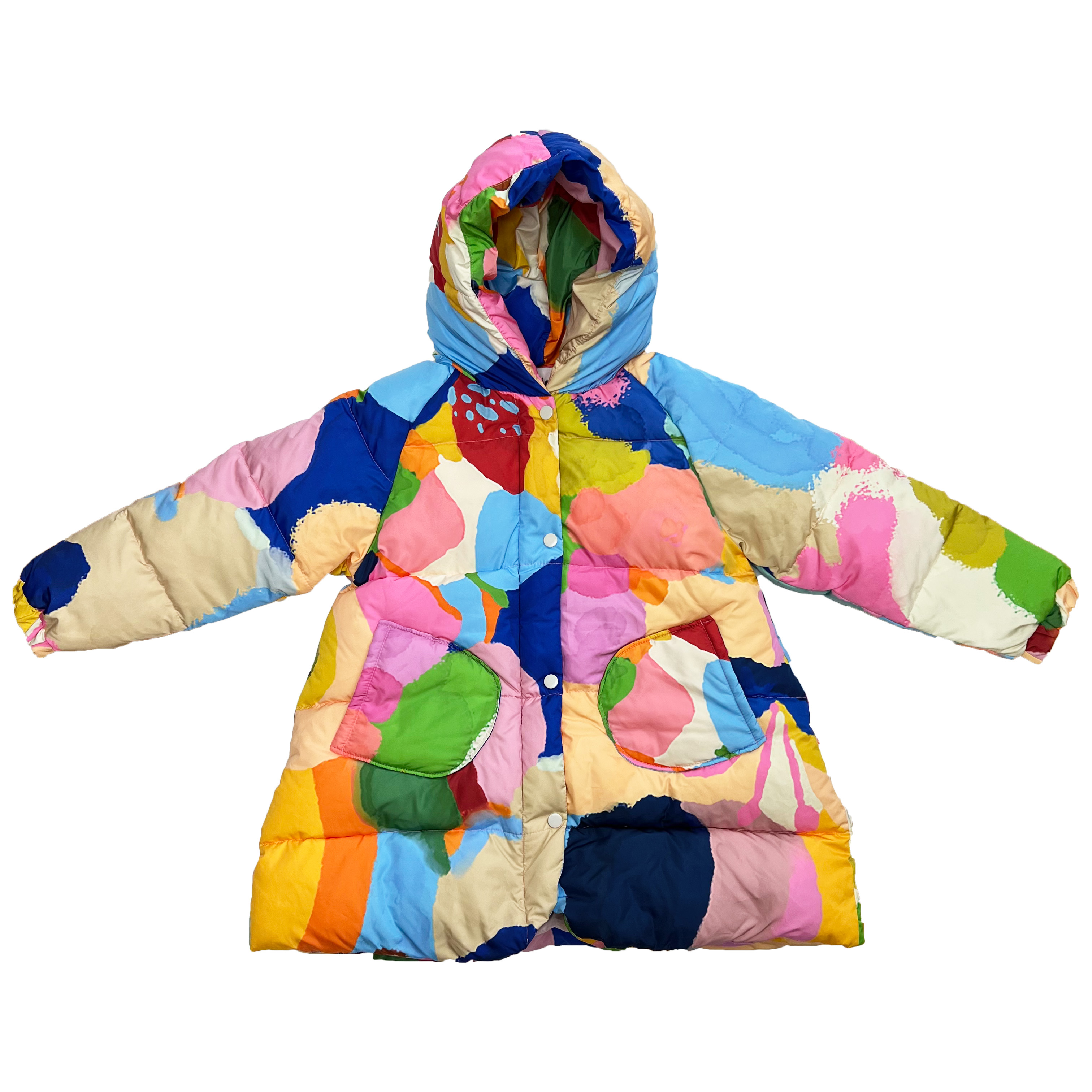 布娜诺女童中长款连帽趣味涂鸦白鸭绒印花冬季时尚保暖羽绒服