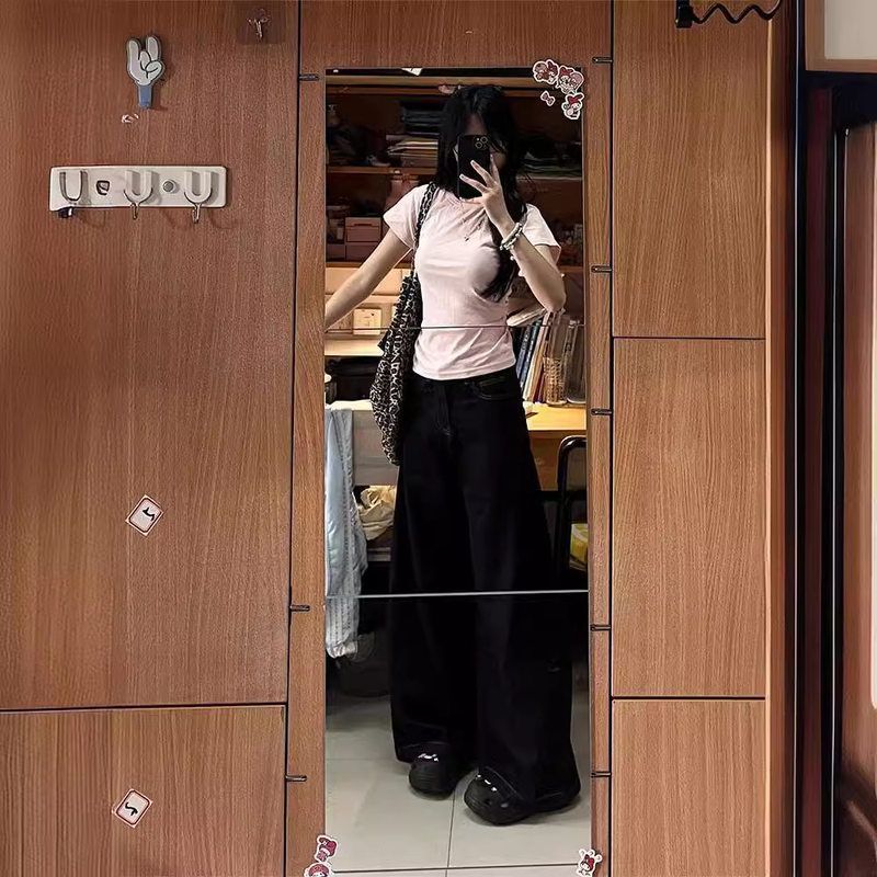 2025春秋季美式复古高街牛仔裤女水洗新款高腰宽松显瘦阔腿拖地