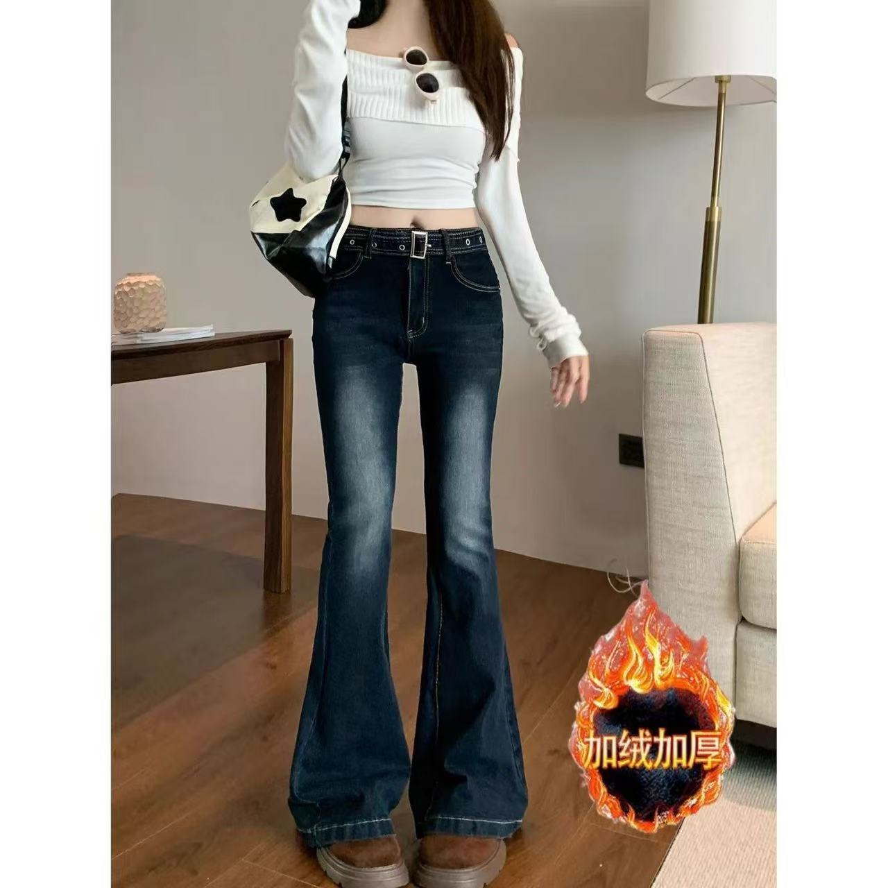 A秋冬高腰加绒阔腿裤微胖窄款牛仔裤