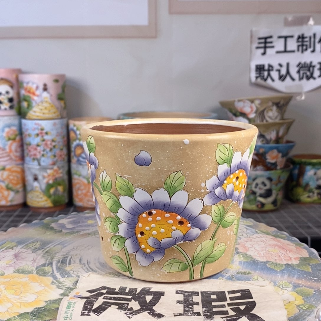 紫砂花盆红陶手绘花盆