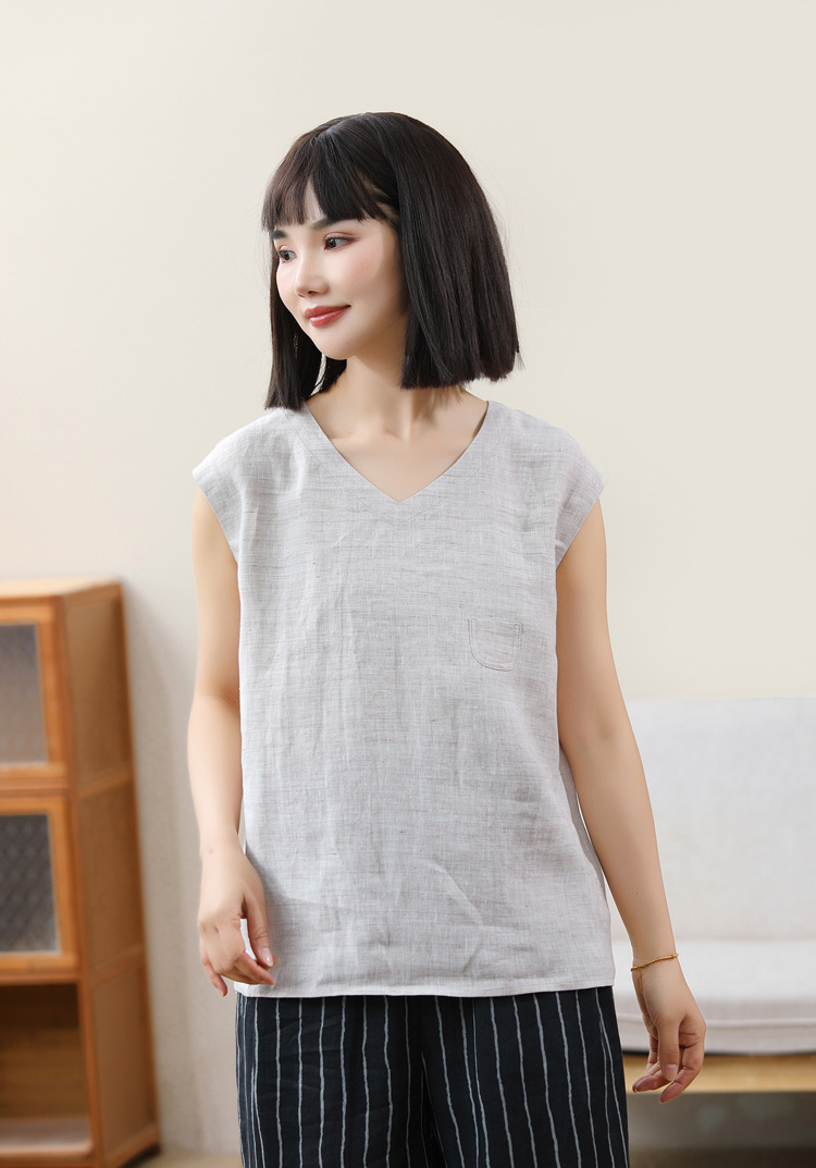 【软·语】新款纯色汉麻亚麻背心V领无袖坎肩宽松百搭休闲上衣-5010
