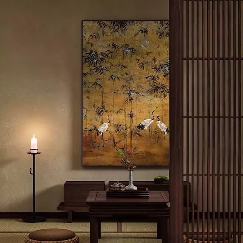 新中式竹林瑞鹤图装饰画客厅背景墙走廊玄关壁画书房茶室挂画Y21