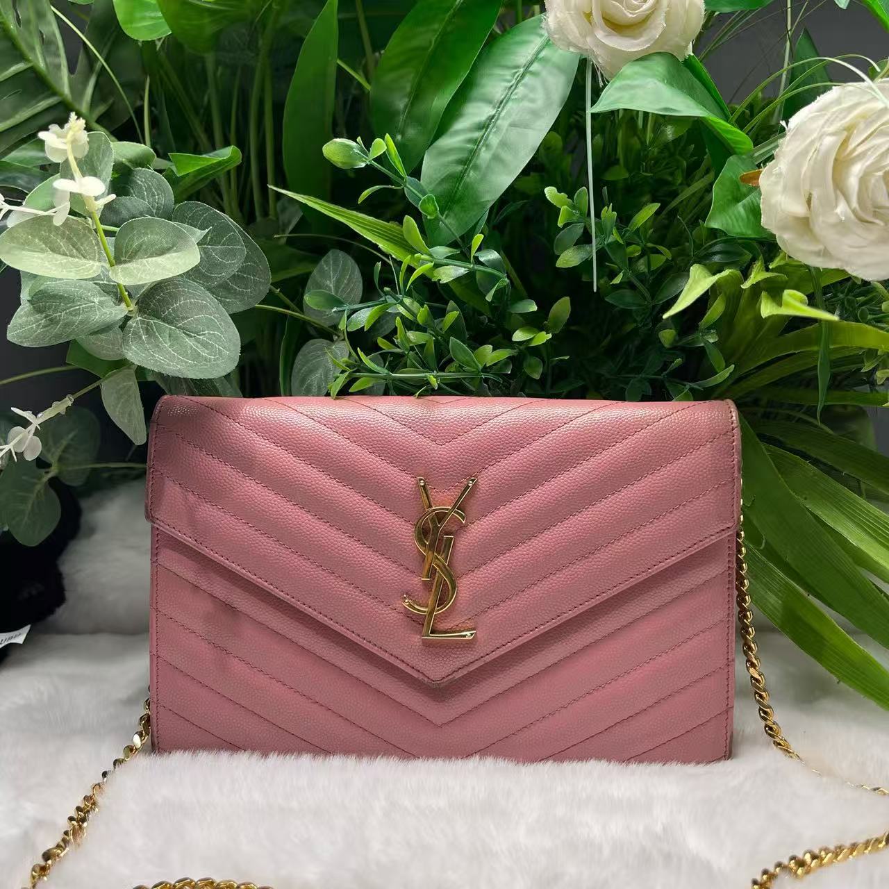 99新 YSL/圣罗兰 中号信封包WOC 粉金鱼子酱 80311