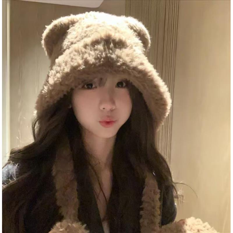 软糯小熊可爱针织帽女毛绒加厚帽子防风/尘保暖面罩加绒帽百搭ins