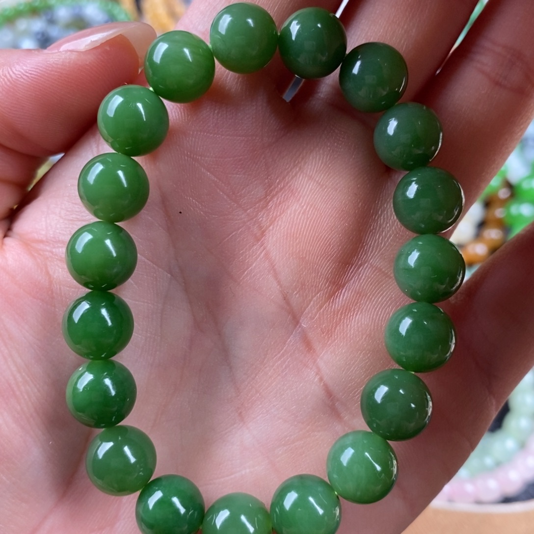 和田玉未镶嵌手串俄碧阳绿手串9.5mm