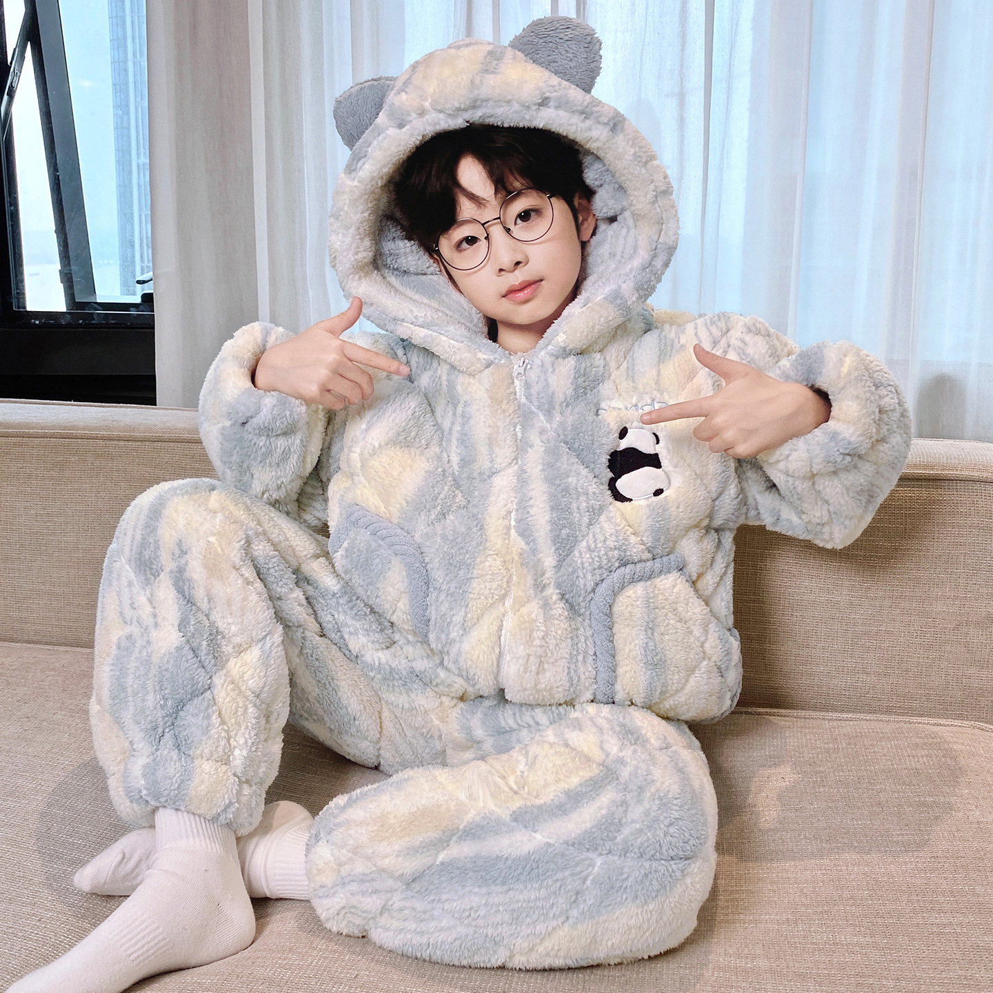 三昌男童睡衣秋冬季三层夹棉加厚珊瑚绒儿童青少年家居服套装