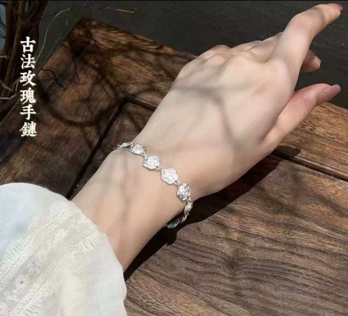 足银手链 大花手链 原创设计轻奢甜美复古饰品简约可爱小众女珠宝