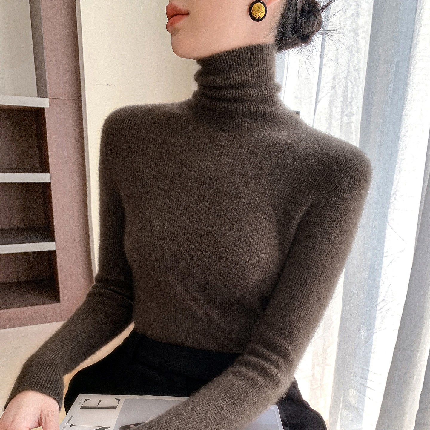 加厚款~亲肤绒！一线成衣无缝高领针织衫女秋冬修身套头打底衫百搭