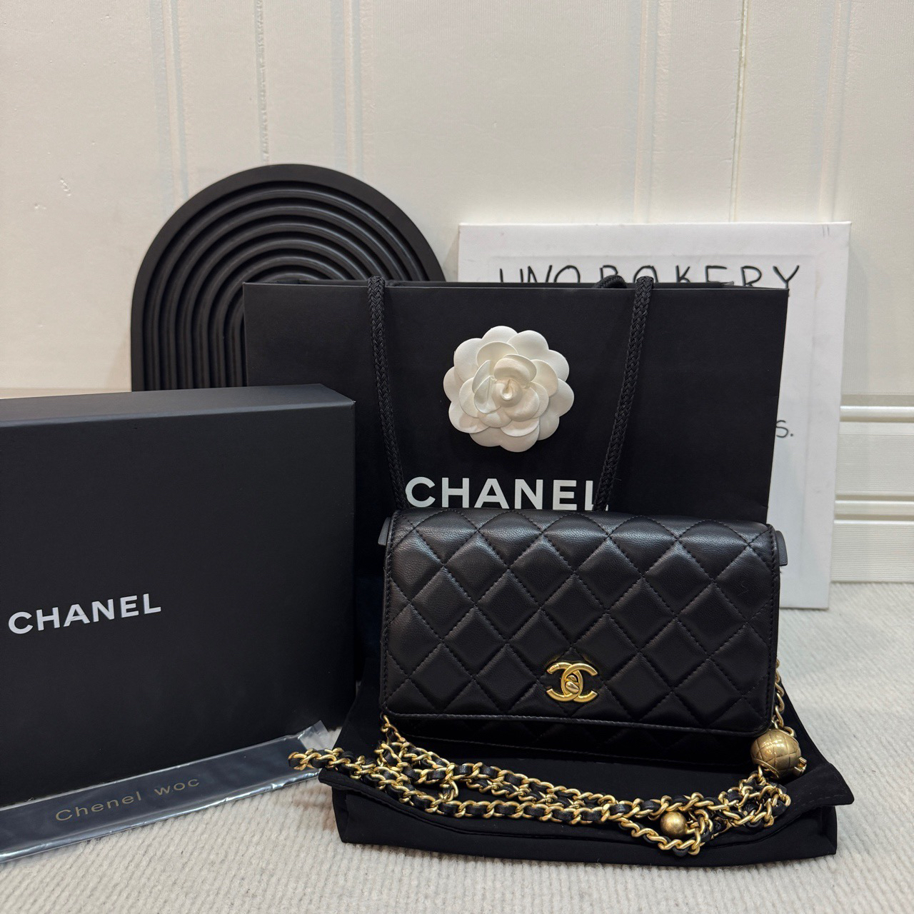 95新 Chanel/香奈儿 23c黑金菱格纹金球woc 
