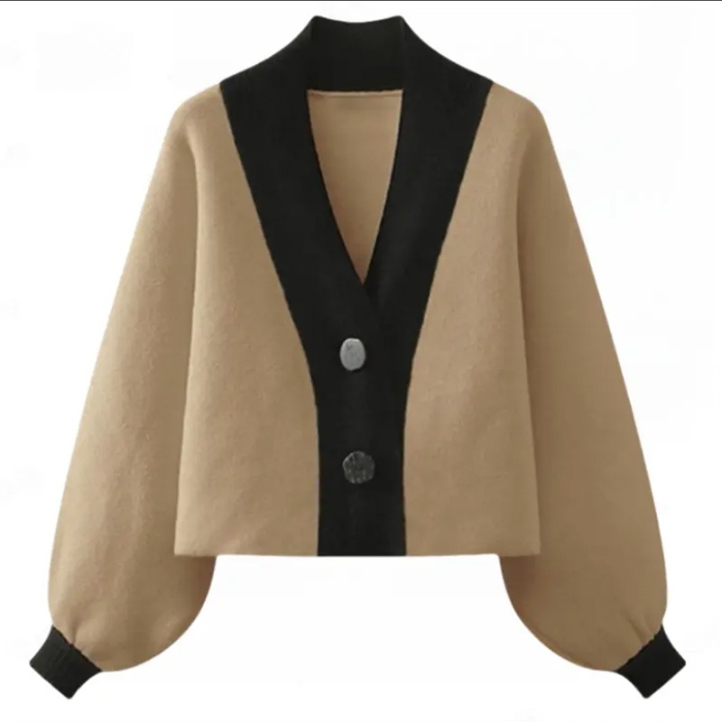 秋冬季新款拼色V领针织衫女上衣2025时尚百搭开衫简约宽松短外套