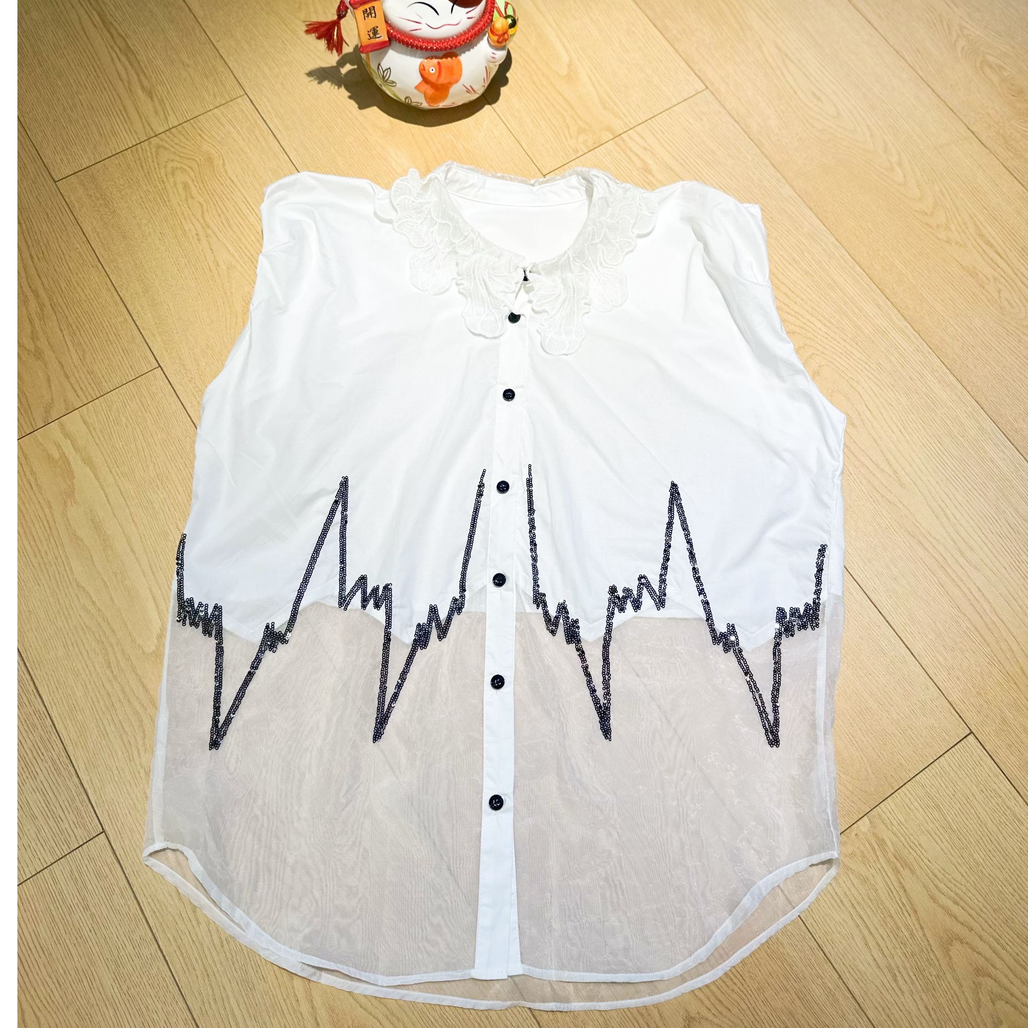 COCOFIVEMIX原创设计个性时尚气质中长款拼接订珠亮片无袖衬衣