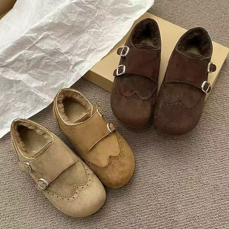 勃肯鞋秋冬布洛克雕花加绒保暖一脚蹬棉鞋女外穿田园风2552