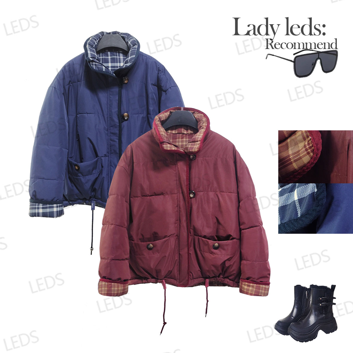 LEDS C2561【双面穿】秋冬季韩版短款加厚保暖棉外套女款