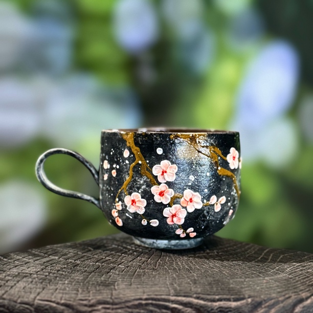 同款紫砂手工手绘岩彩釉下彩星空腊梅咖啡杯