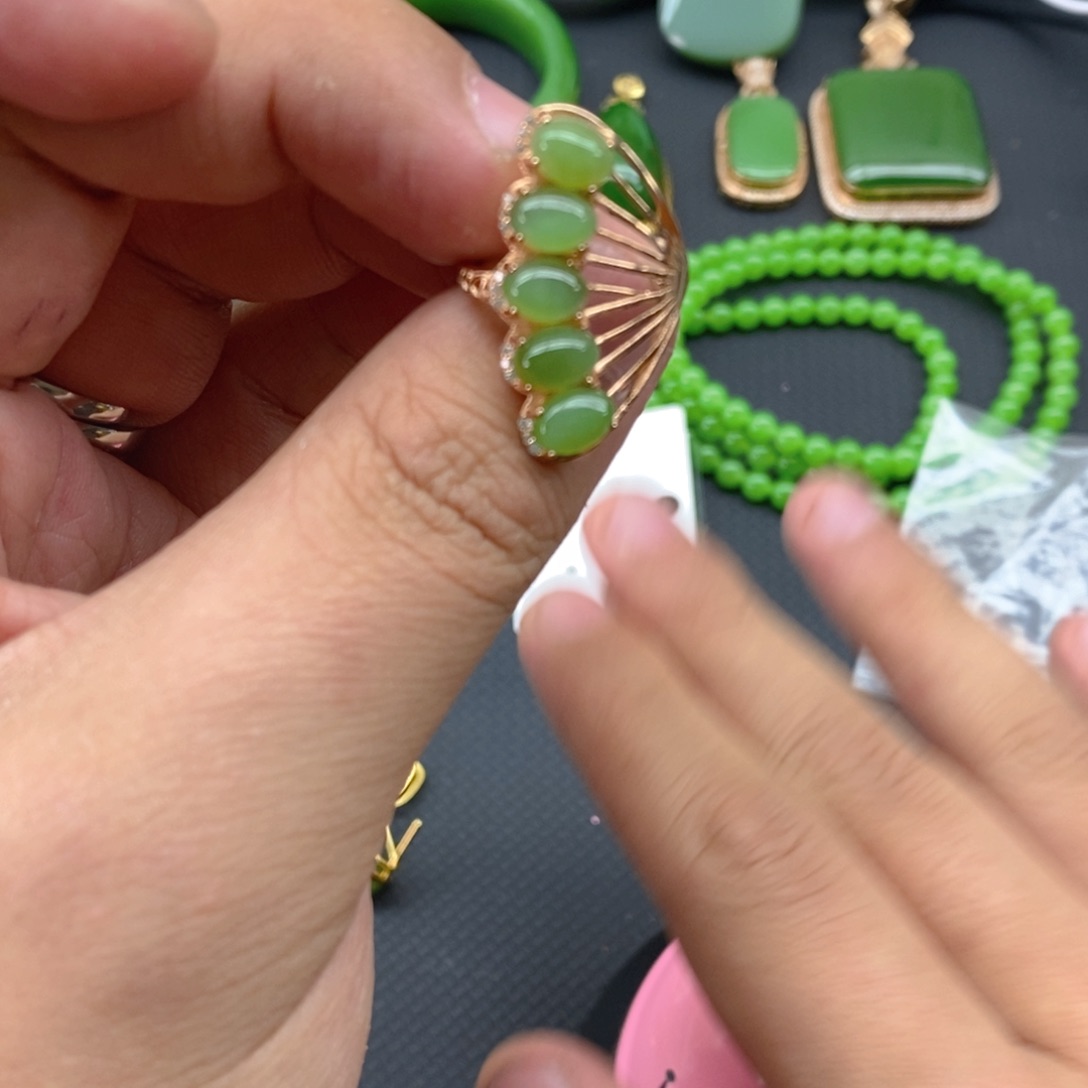 和田玉（碧玉）戒指银S925镀金镶嵌