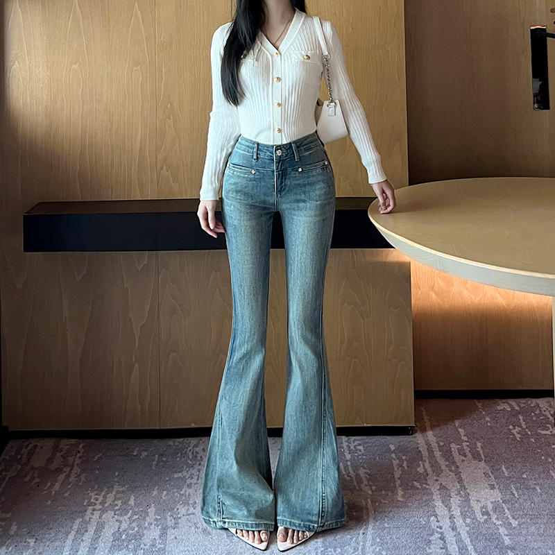 复古高腰小个子微喇牛仔裤女2025年秋季新款修身显瘦弹力喇叭百搭