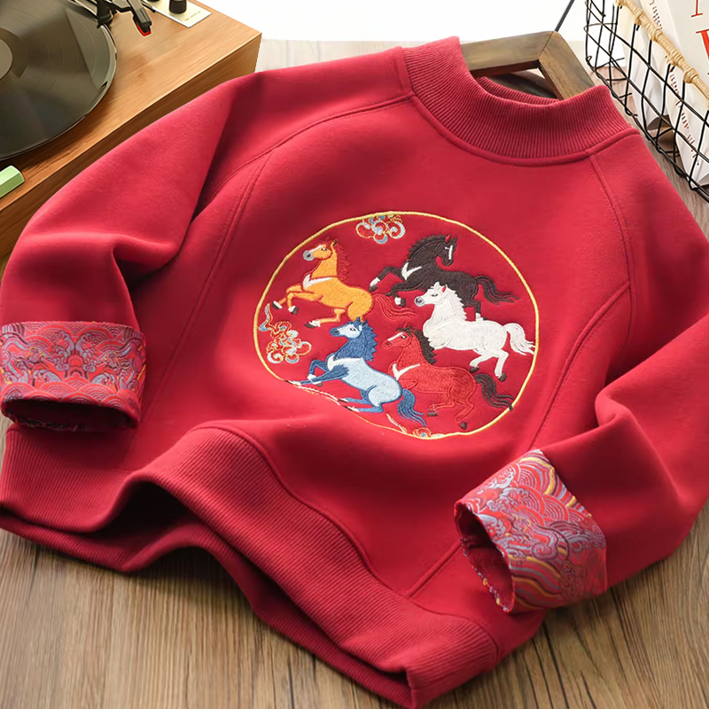 儿童卫衣加绒加厚红色过新年衣服拜年服国潮刺绣男女童宝宝25239