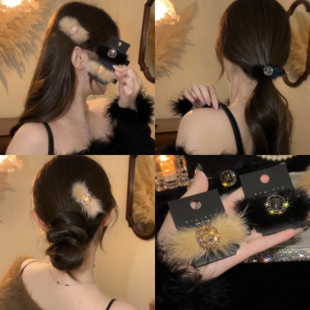 韩国轻奢复古宫廷风毛毛发夹精致高端闪钻法式秋冬刘海夹碎发夹商品图