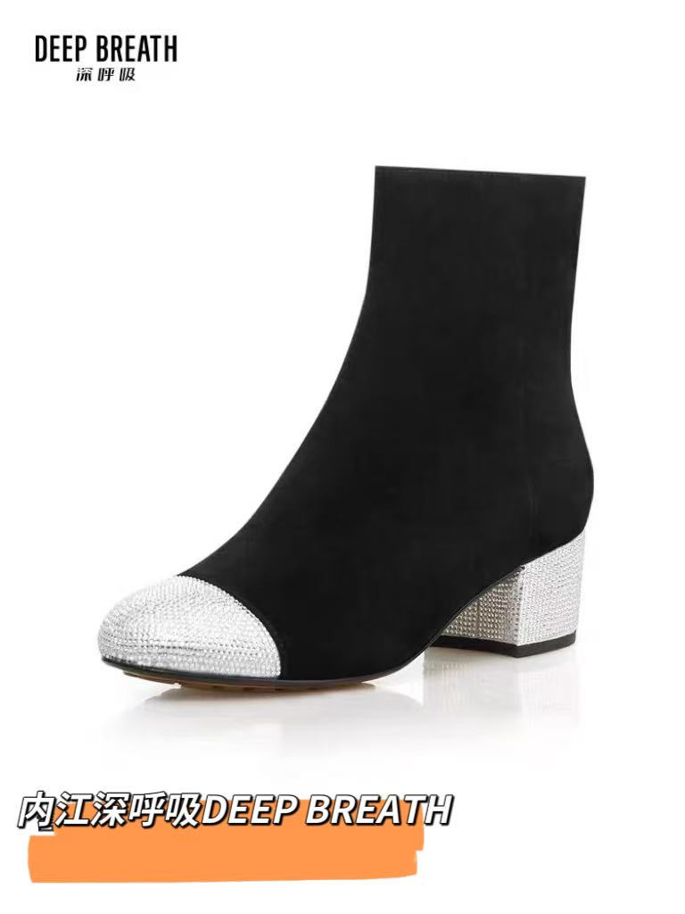 女士秋冬新款气质短筒小香风中跟圆头时尚高跟短靴女靴AX15215