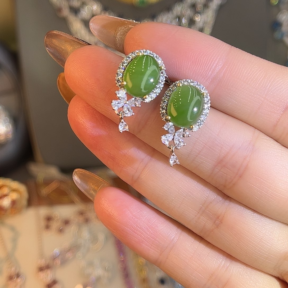 和田玉（碧玉）耳坠银S925镶嵌