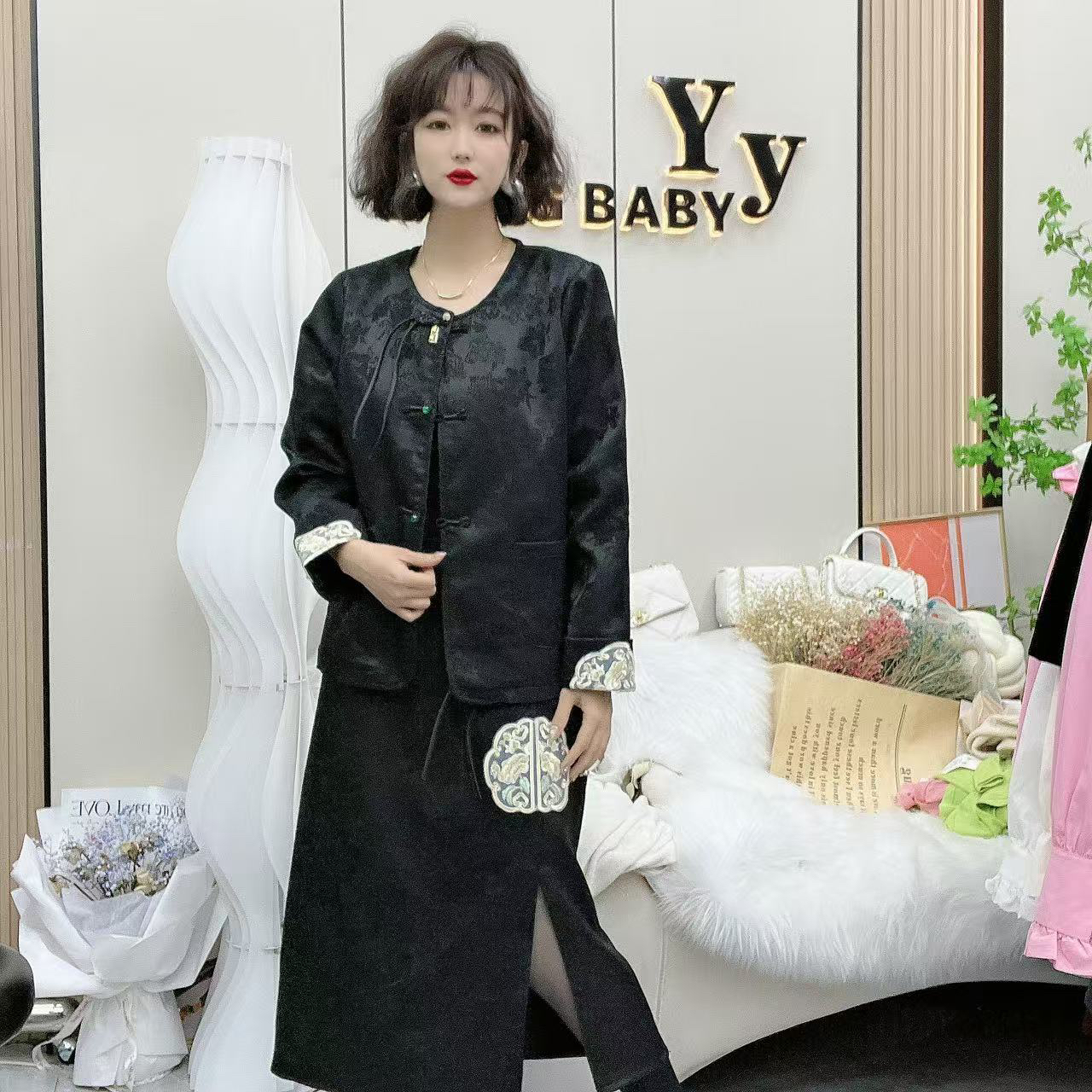 YY大码(中式美学)时尚气质高级显瘦遮肚小众两件套套装