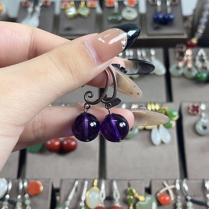 紫晶耳饰银S925镶嵌12左右