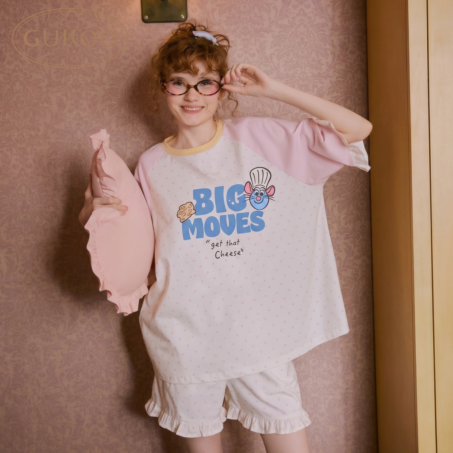 Gukoo/果壳睡衣女夏料理鼠王新款纯棉可爱女士套装S826226111201