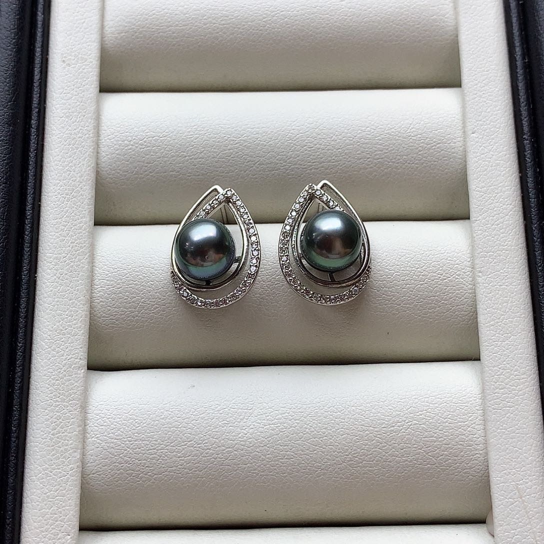 海水珍珠耳饰银S925镶嵌水滴形8-9mm