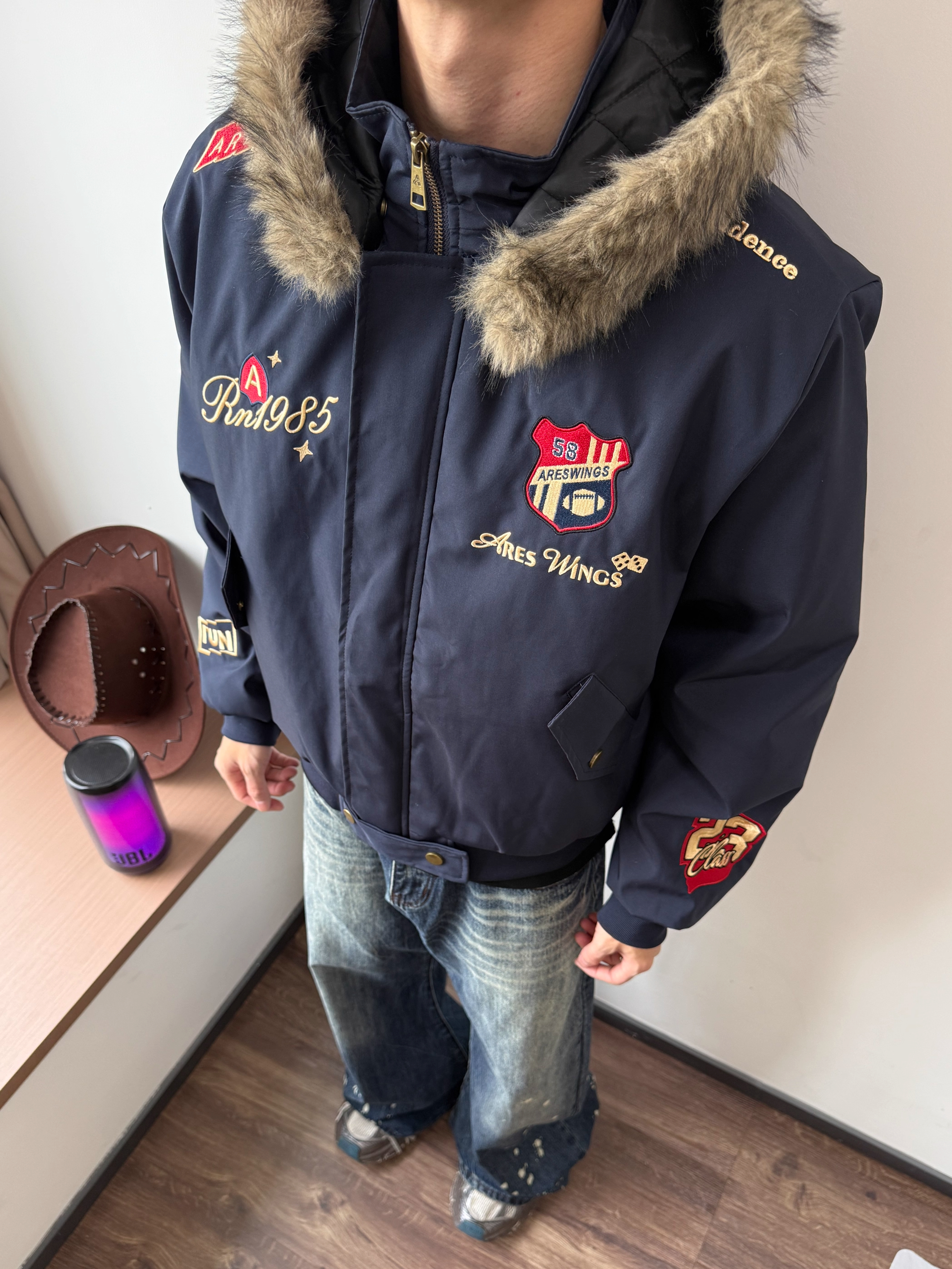 美式复古刺绣徽章座山雕棉衣外套男女冬季小众加厚保暖夹克