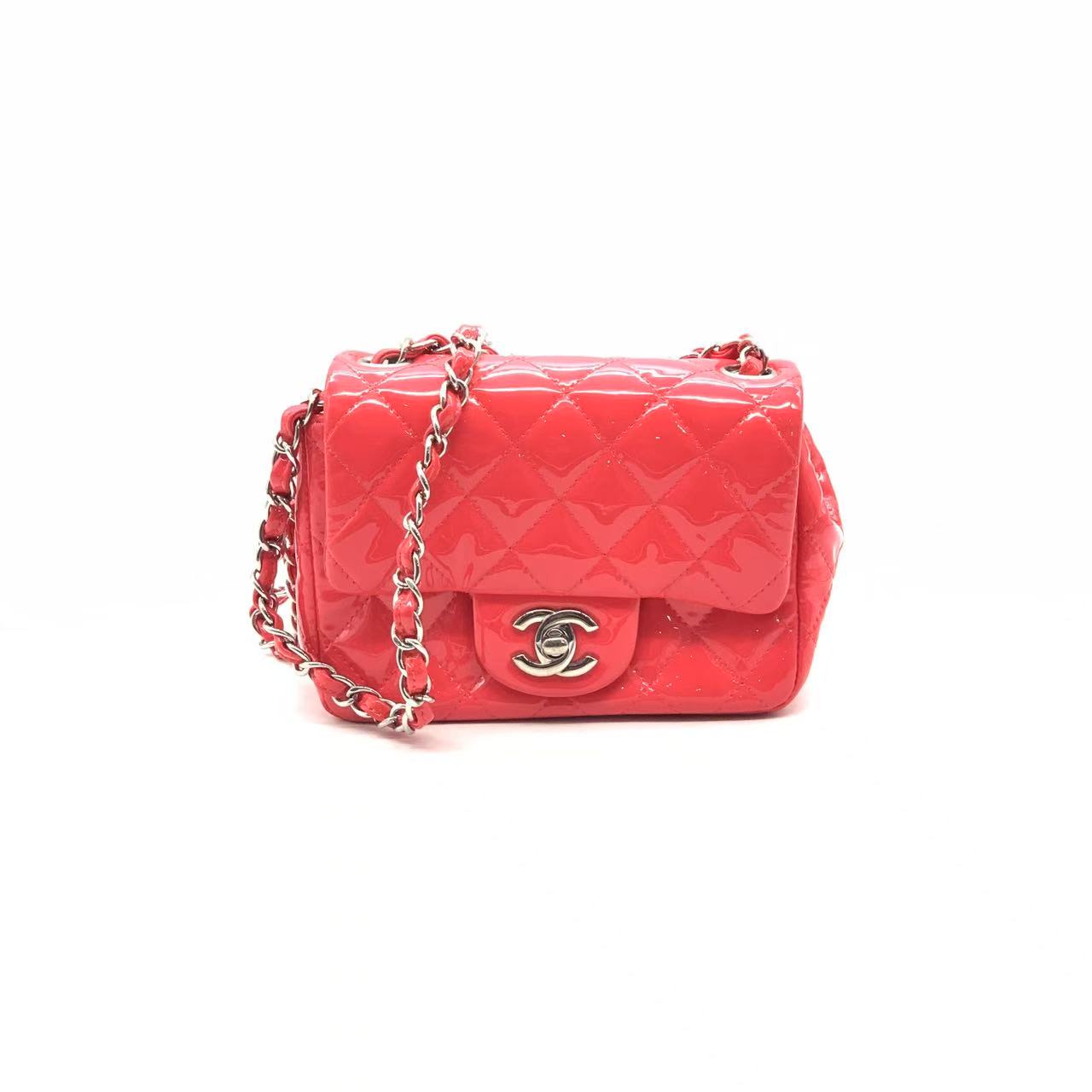 95新 Chanel/香奈儿 红金漆皮方胖子链条包/22开