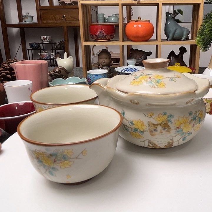 瓷片草木灰猫咪宝瓶手抓壶