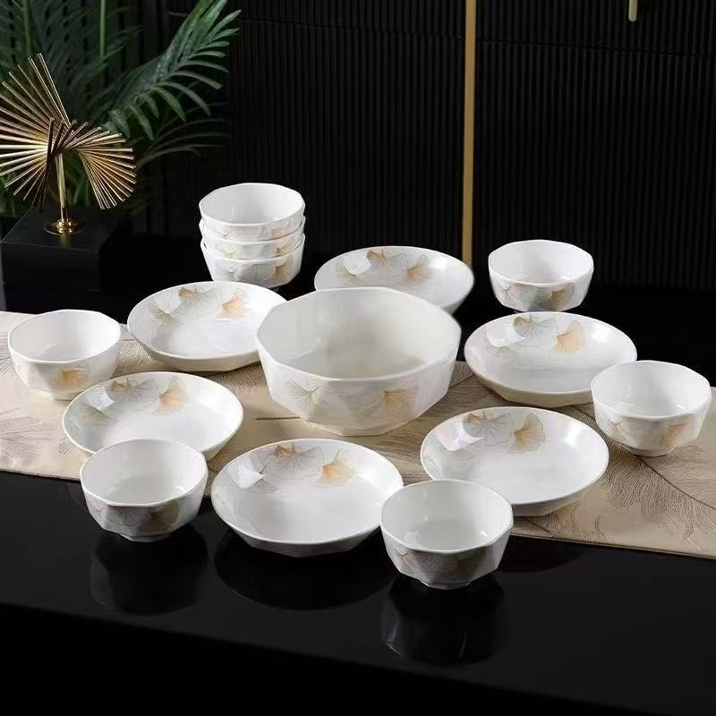 【三目银杏叶】碗碟套装家用新款银杏叶轻奢套装15件套