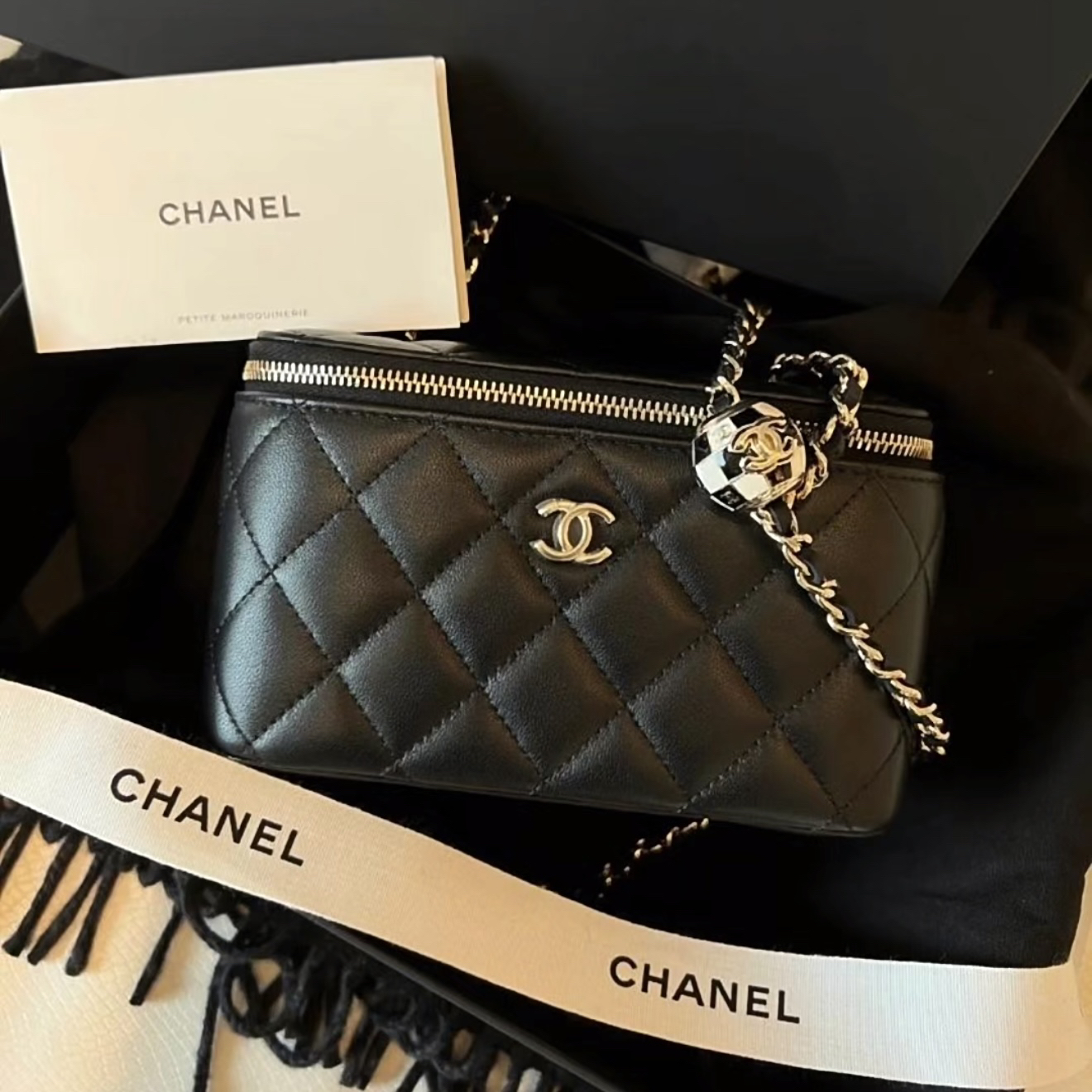 95新 Chanel/香奈儿 青奢荟/经典黑金足球金球盒子链条包/90908