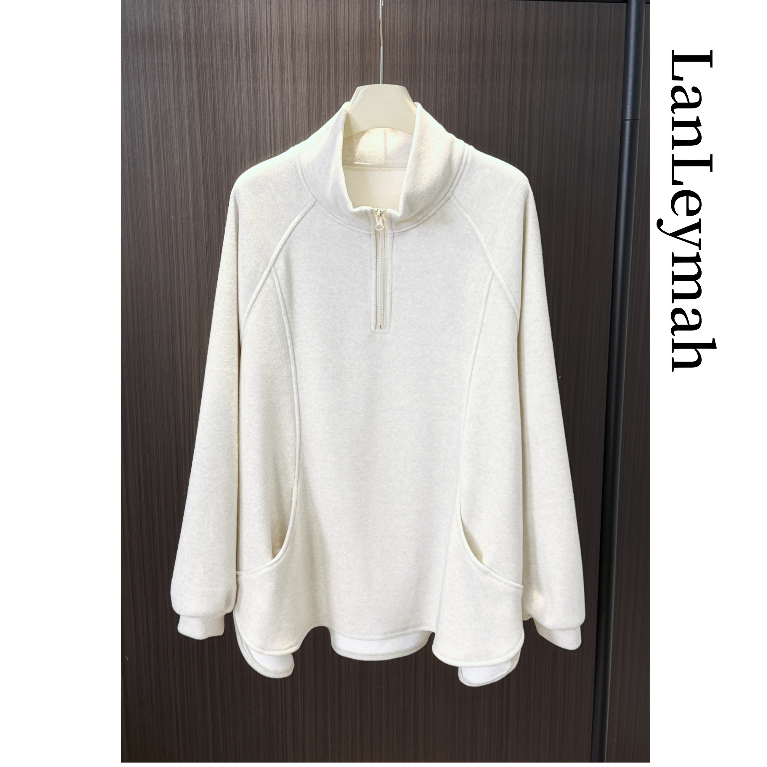 LanLeymah【立领大版加绒卫衣】插肩袖半拉链中长款大码宽松显瘦女