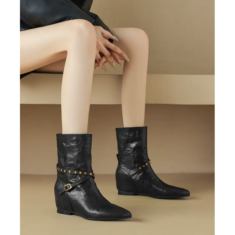 小卿~羊皮平底/内增高全皮复古朋克女靴子坡跟断码清仓2005