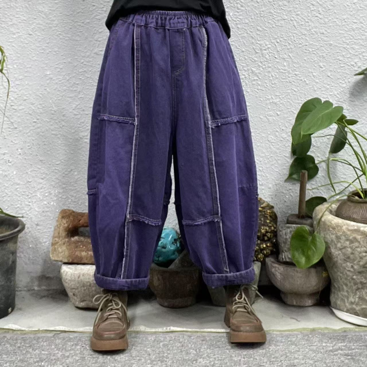 8832-3紫色春工型毛边走线炒色内抽绳牛仔裤（长86臀围130脚口50