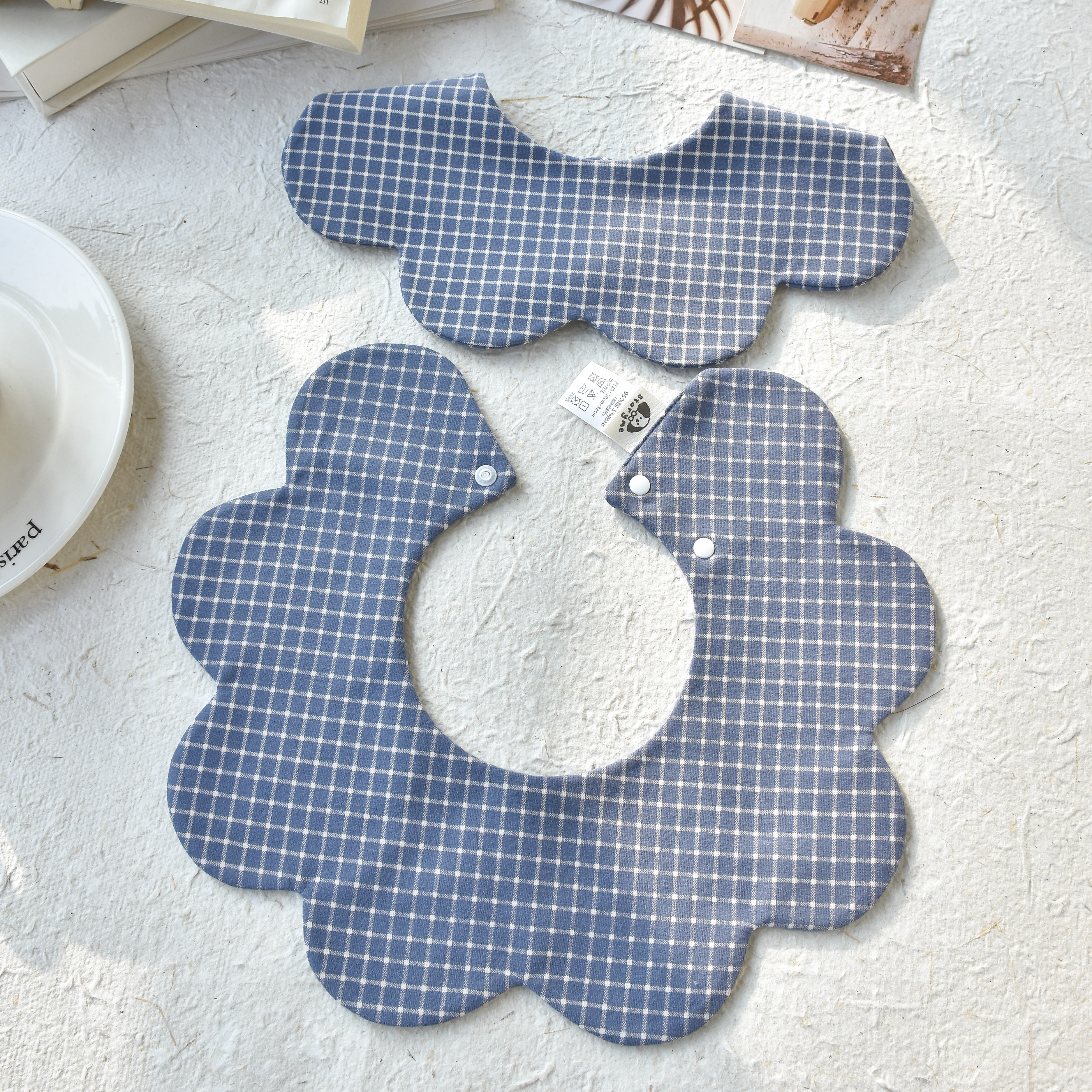 [U955]蓝灰色小格子口水巾围兜新生儿防吐奶柔软透气可爱ins风
