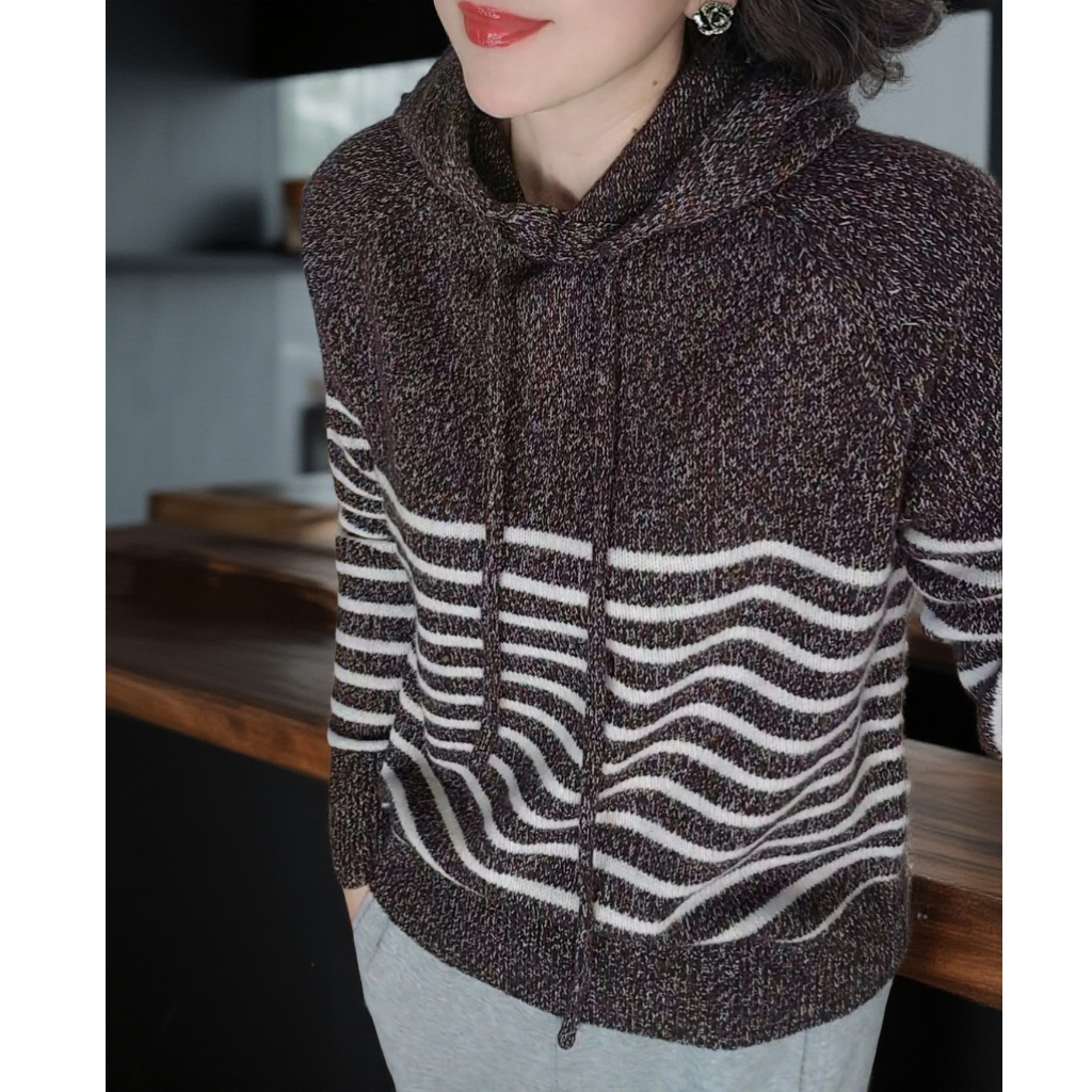 冬季新款高定连帽长袖修身减龄羊毛条纹套头休闲保暖上衣毛衣