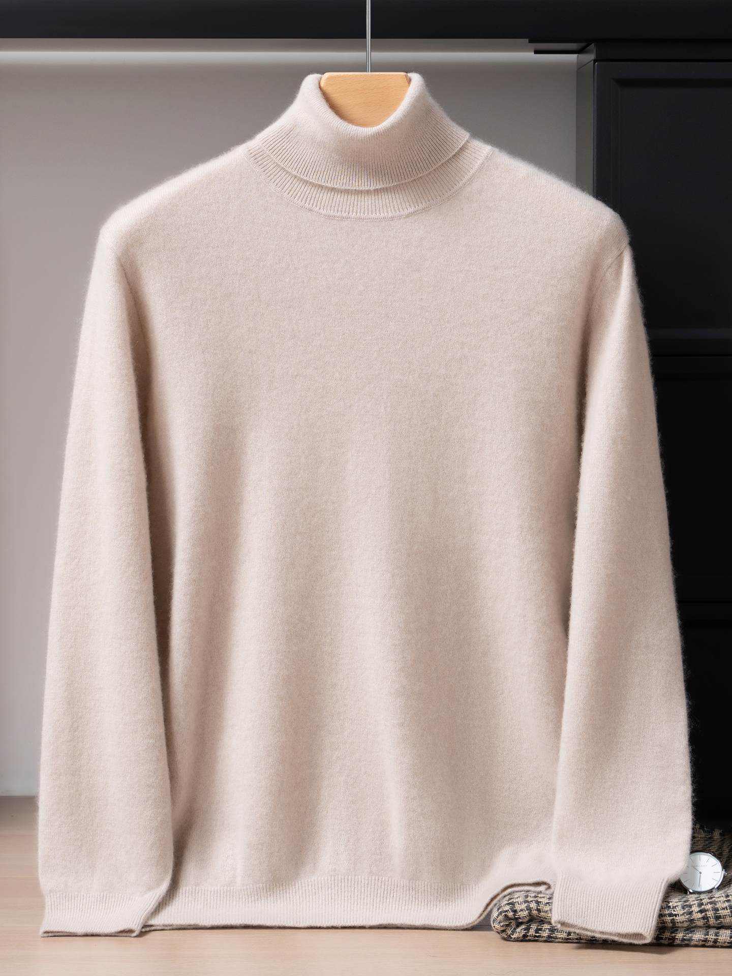 JC806秋冬新款纯山羊绒男士高翻领针织长袖套头衫宽松毛衣约280g