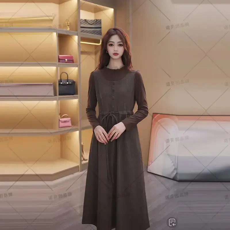 nuobeiyin/诺贝因秋季新款洋气假两件木耳边气质连衣裙NNBY660934