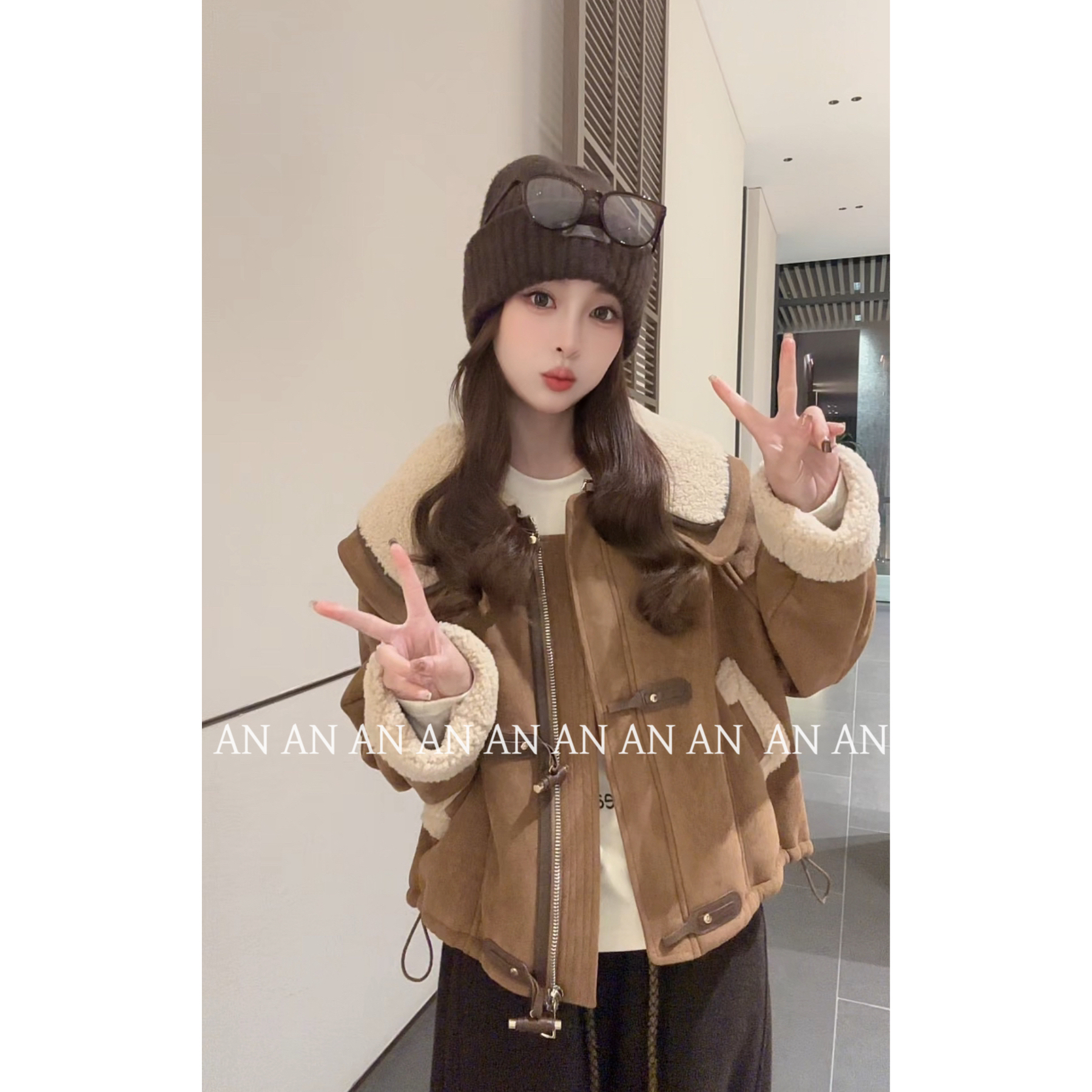 C11262美式气质感又酷又飒宽松保暖插肩袖双层大翻领外套