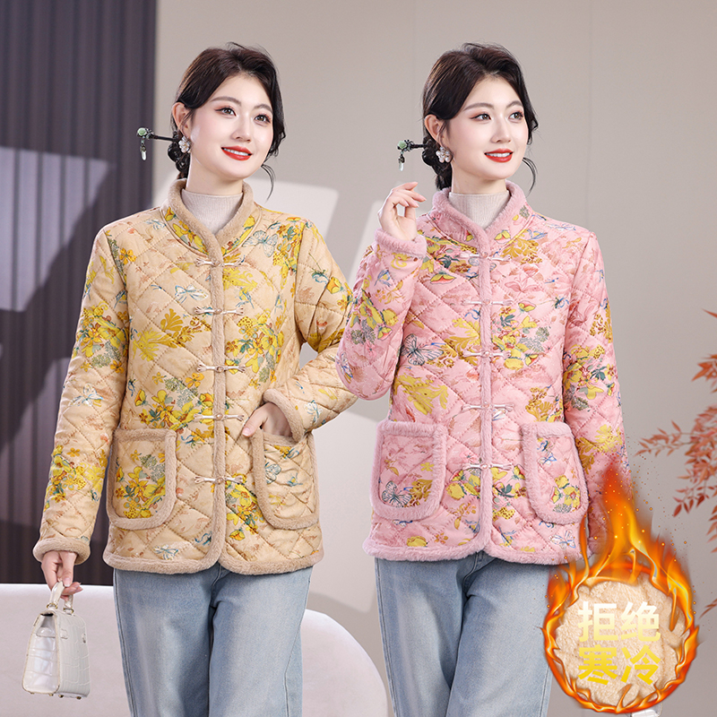 妈妈冬装加绒外套女中老年人冬季洋气短款棉衣女士轻薄保暖小棉袄