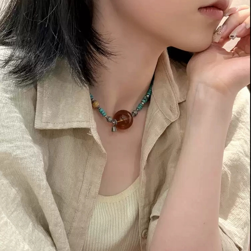 链子925银 N18147<秋梦>绿隔珠茶珀圆珠无相佛吊坠项链多样性发