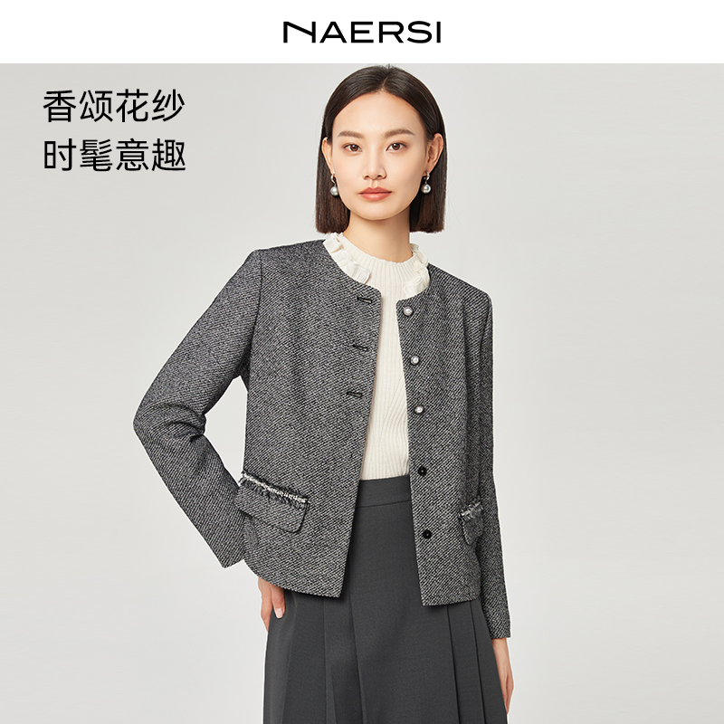 【CC专属】小香格雷系气质灰木耳边撞色圆领气质外套NB00362X3