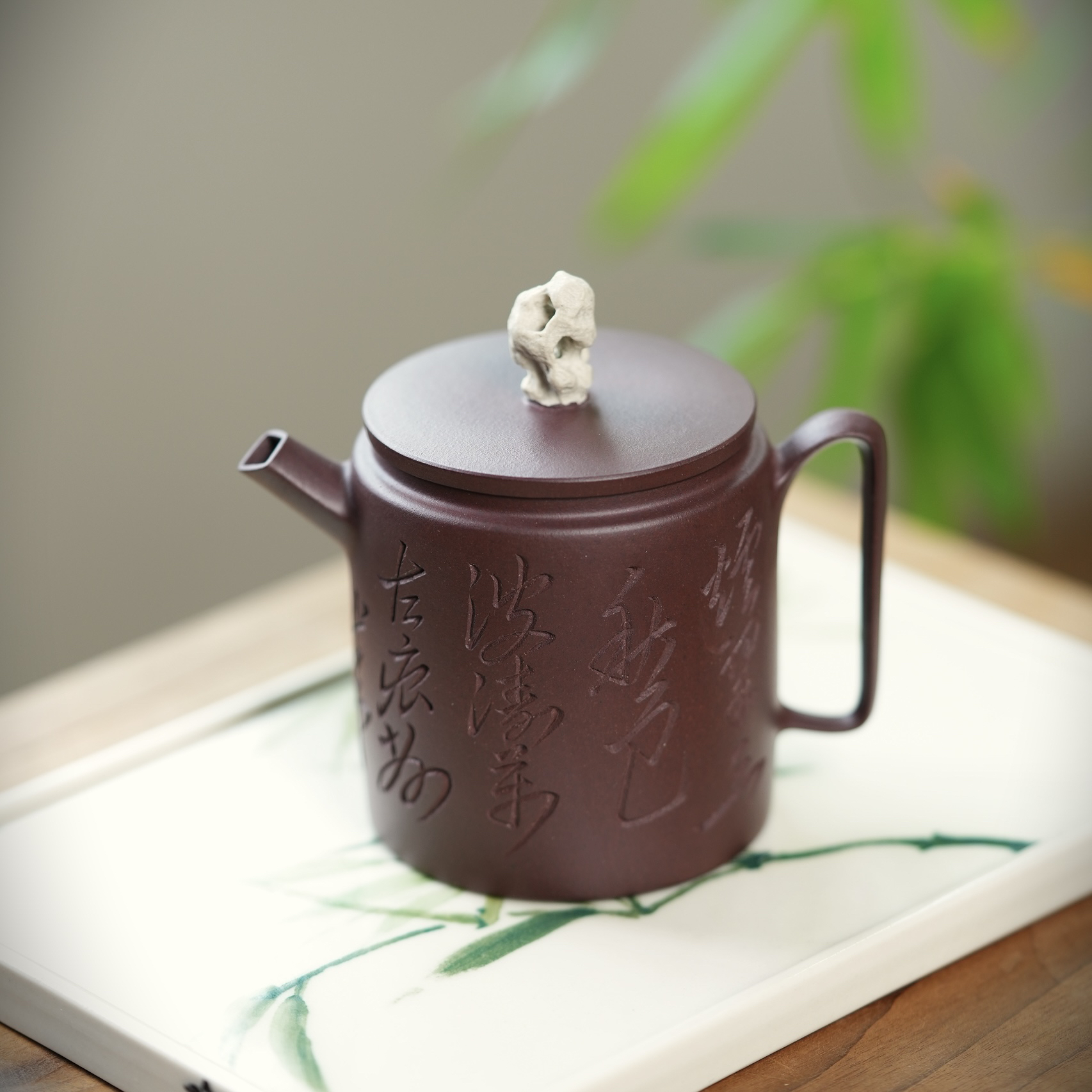 「无仰」紫泥 手工150cc紫砂壶太湖石汲直文人刻绘茶壶