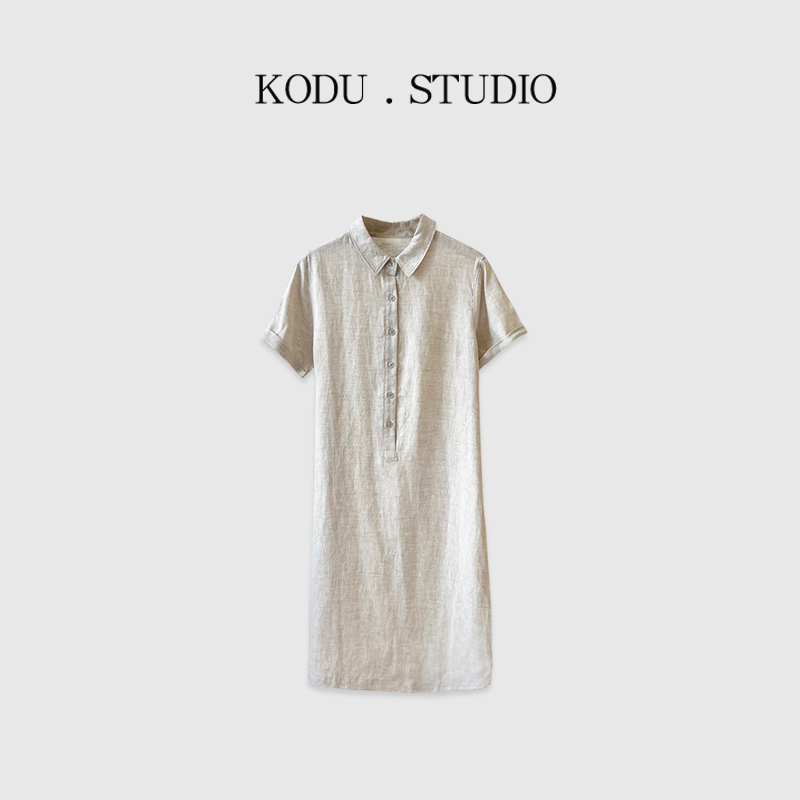 【刻度KODU】WX-4446夏季复古简约翻领系带收腰纯色气质短袖POLO裙