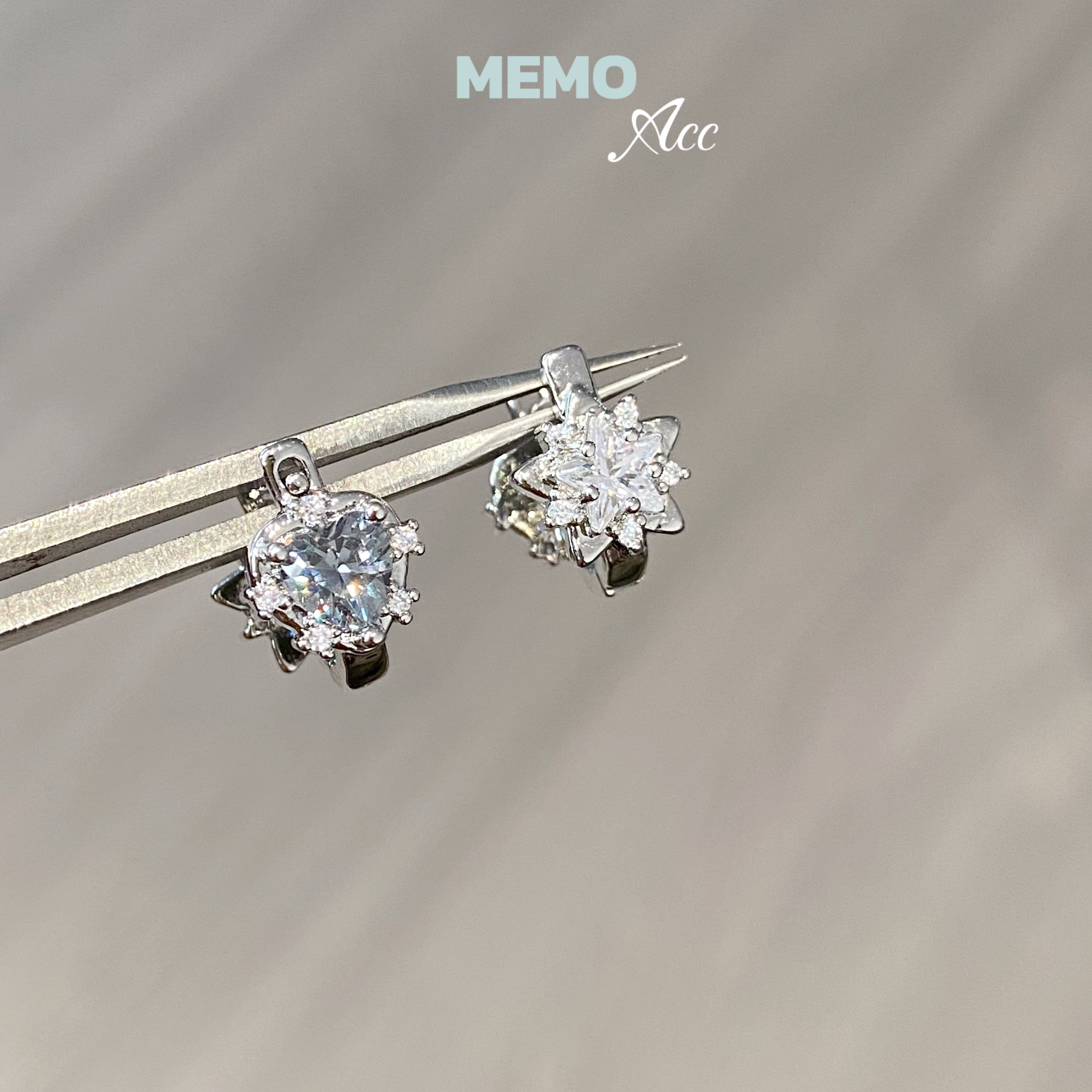 铜合金锆石耳饰 E139 薄雾灰 双面爱心星星 设计感甜美耳扣耳圈