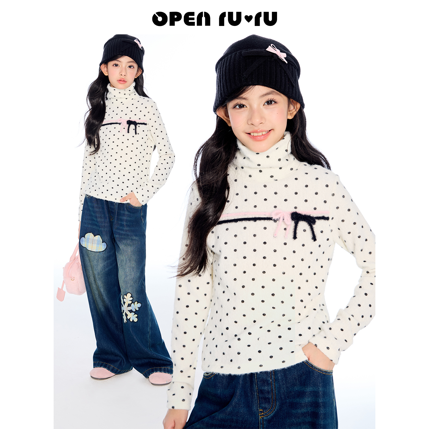Opennunu女童韩系蝴蝶结波点打底衫冬季设计感半高领保暖上衣